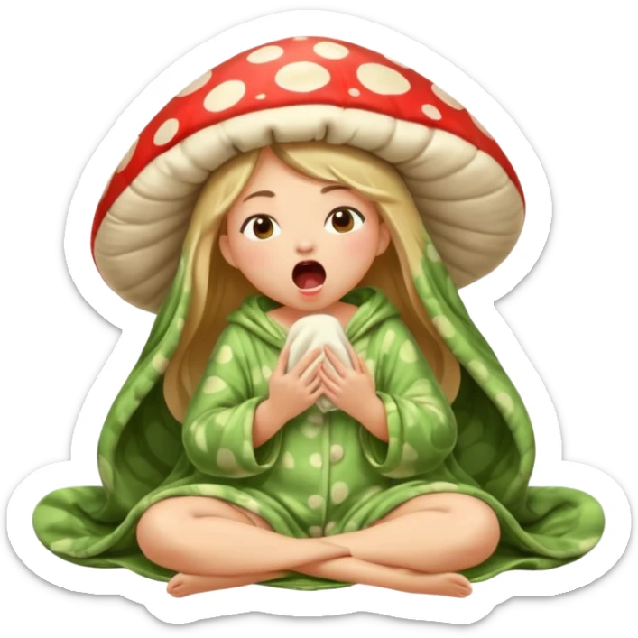woodland spirit girl in mushroom pajama and oversized blanket yawning sticker