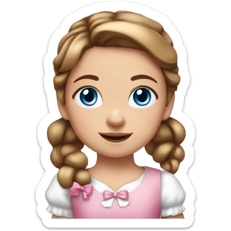 Little white girl with blue eyes and bronze hair in two ponytails with two bows. A pink pacificer in her mouth. She is wearing a pink and White dress and holding a teddybear. sticker