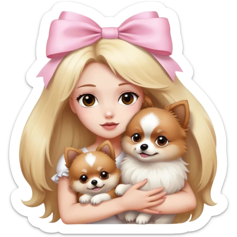 Blond girl white skin brown eyes hugging white and brown Pomeranian with light pink bow sticker