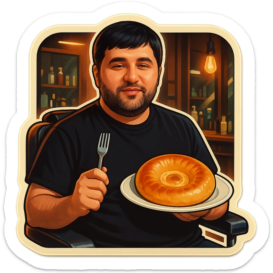 "A man wearing a black shirt is sitting calmly in a modern barbershop chair, inside a stylish barbershop with wooden and black interior. The man is holding a white plate with a traditional Uzbek round bread (non) on it, and a fork in his other hand. The atmosphere is warm and softly lit, with mirrors and hair products visible in the background. The scene feels relaxed, cozy, and humorous due to the unusual setting of eating bread in a barbershop. sticker