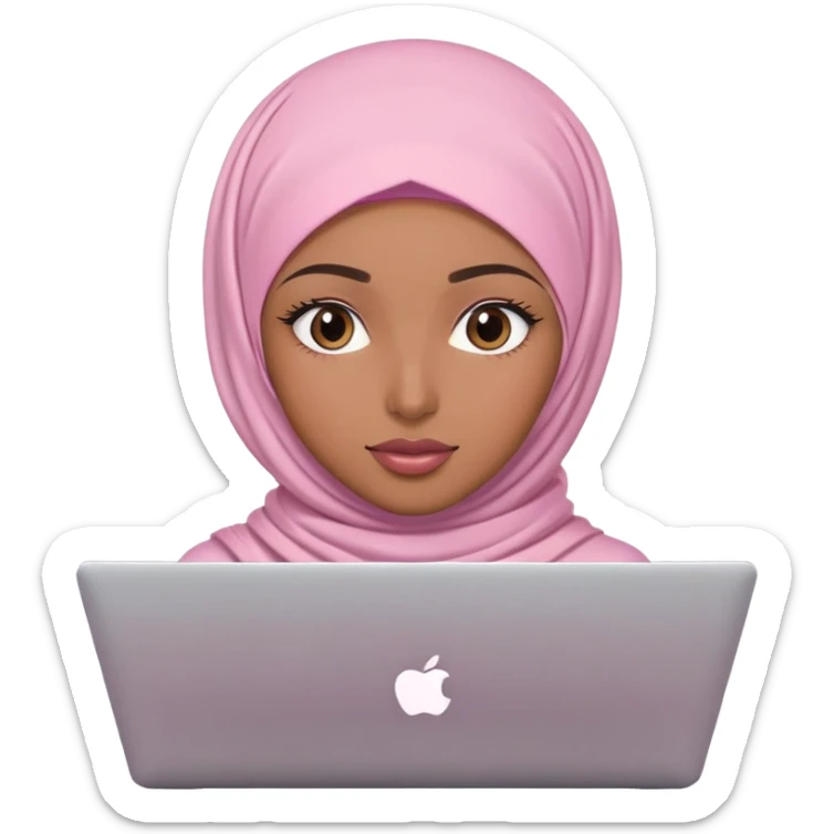 Medium brown skin woman wearing light pink hijab with natural makeup, long eyelashes and lip gloss working behind laptop sticker