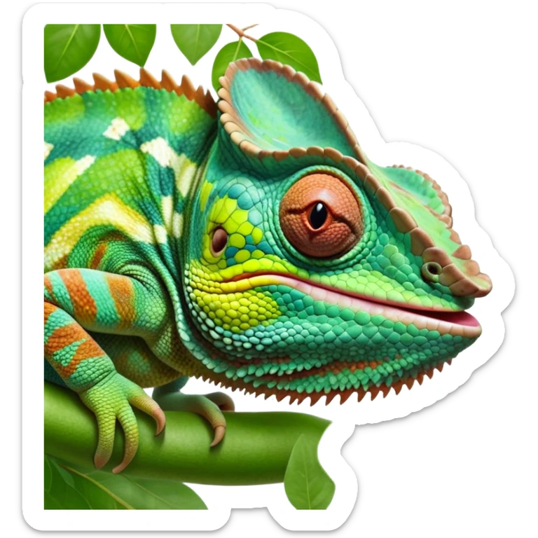cinematic giant-tongue out chameleon-realistic emoji, mouth wide open with tongue out, -blending-with-vibrant-greenery.-detailed-scales-in-shifting-colors,-showing-the-chameleon’s-ability-to-camouflage.-soft-natural-light-highlights-its-texture.-light-background, zoomed into its face sticker