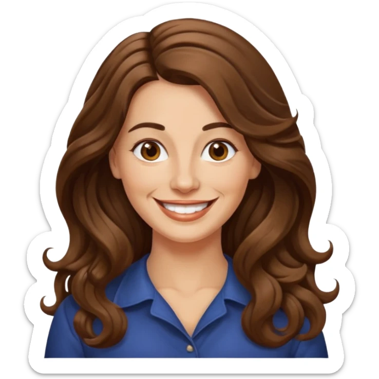 40 yr croatian woman, long wavy brown hair, big smile, side part, 
 sticker