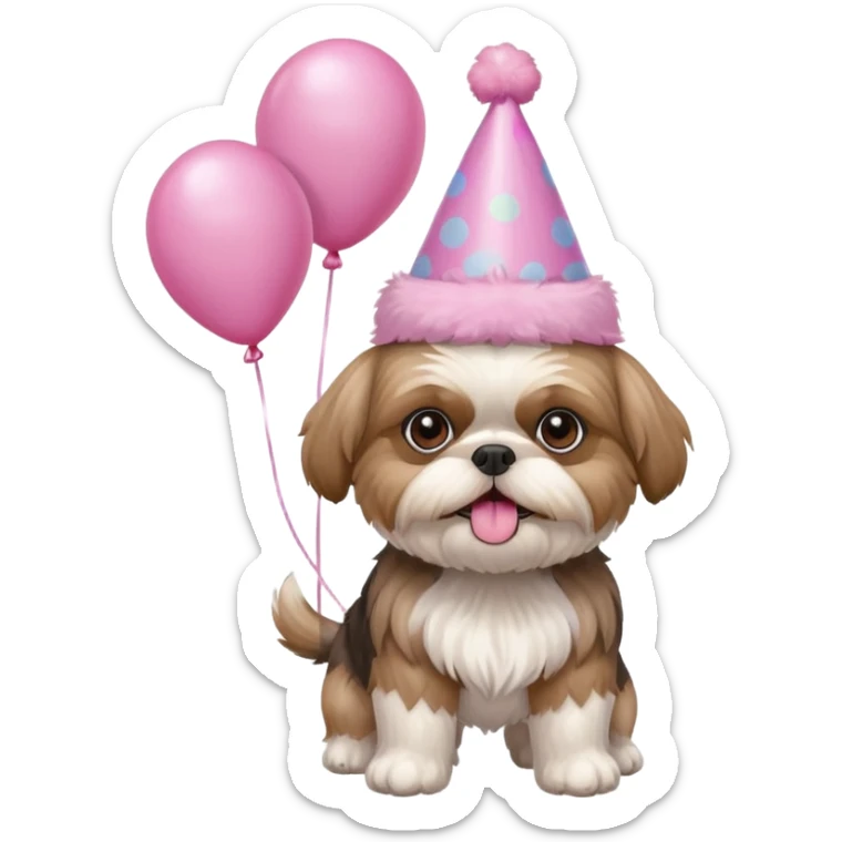 cute shih tzu hold a few pink balloons  in both arms with pink birthday hat sticker