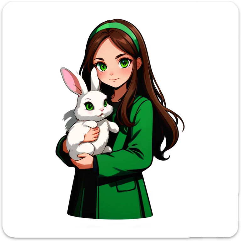 Long brown haired, green eyed girl holding a bunny. The bunny has floppy ears and is grey in color. sticker
