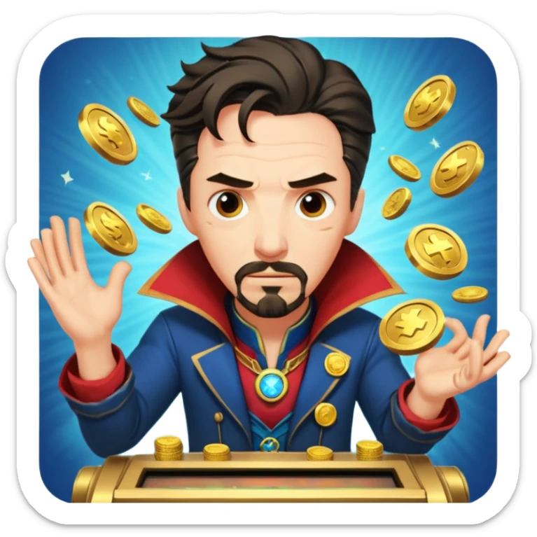 disheveled Doctor Strange losing money at a slot machine, panicked face, coins flying sticker