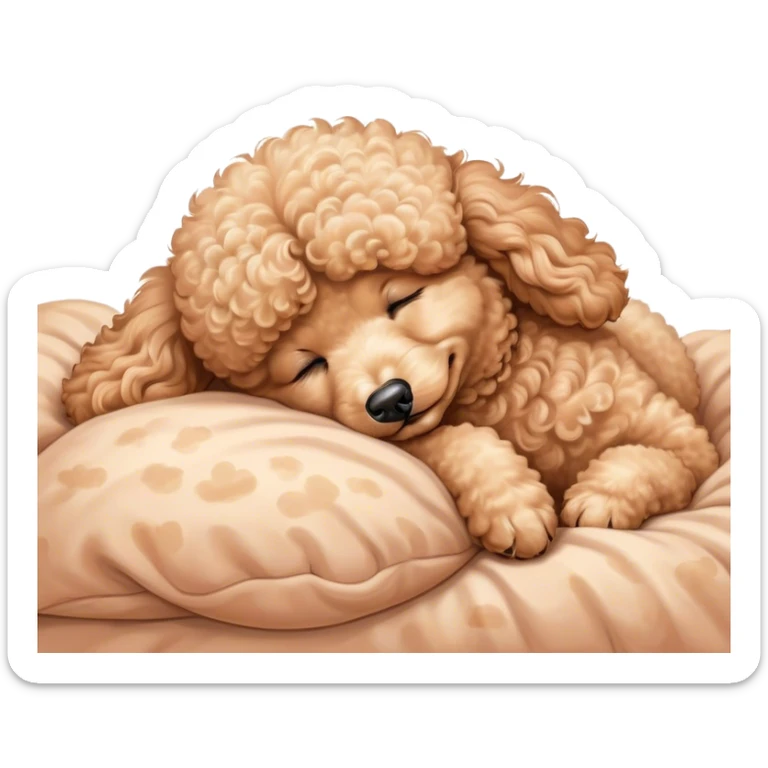 Meme-Worthy Cute Sleeping Apricot Poodle Portrait Emoji, Head resting peacefully with a contented smile, showcasing a delightfully elegant build and a luxuriously soft, curly apricot Fur, eyes shut in a serene nap, Simplified yet hilariously adorable features, highly detailed, glowing with a soft, drowsy light, high shine, relaxed and utterly lovable, stylized with an air of playful laziness, bright and heartwarming, soft glowing outline, capturing the essence of a comically sleepy companion, so meme-worthy it feels like it could instantly become the next viral sensation of adorable slumber! sticker