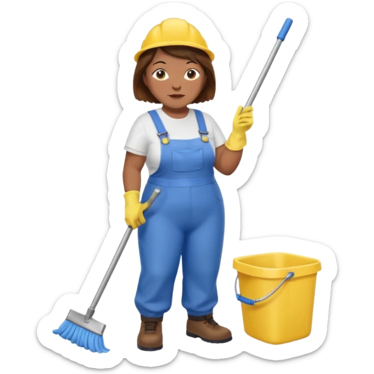 old and fat women, brown hair, Custodian with yellow rubber gloves, white T-shirt, blue overalls, mopping floor sticker