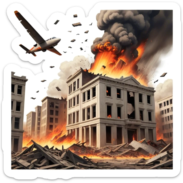 A vintage movie poster-style design with a dramatic scene of a natural disaster like an earthquake, tornado, or tsunami. Include crumbling buildings, flying debris, and fiery explosions. The background should be chaotic, with a cinematic, apocalyptic vibe. Transparent background. sticker