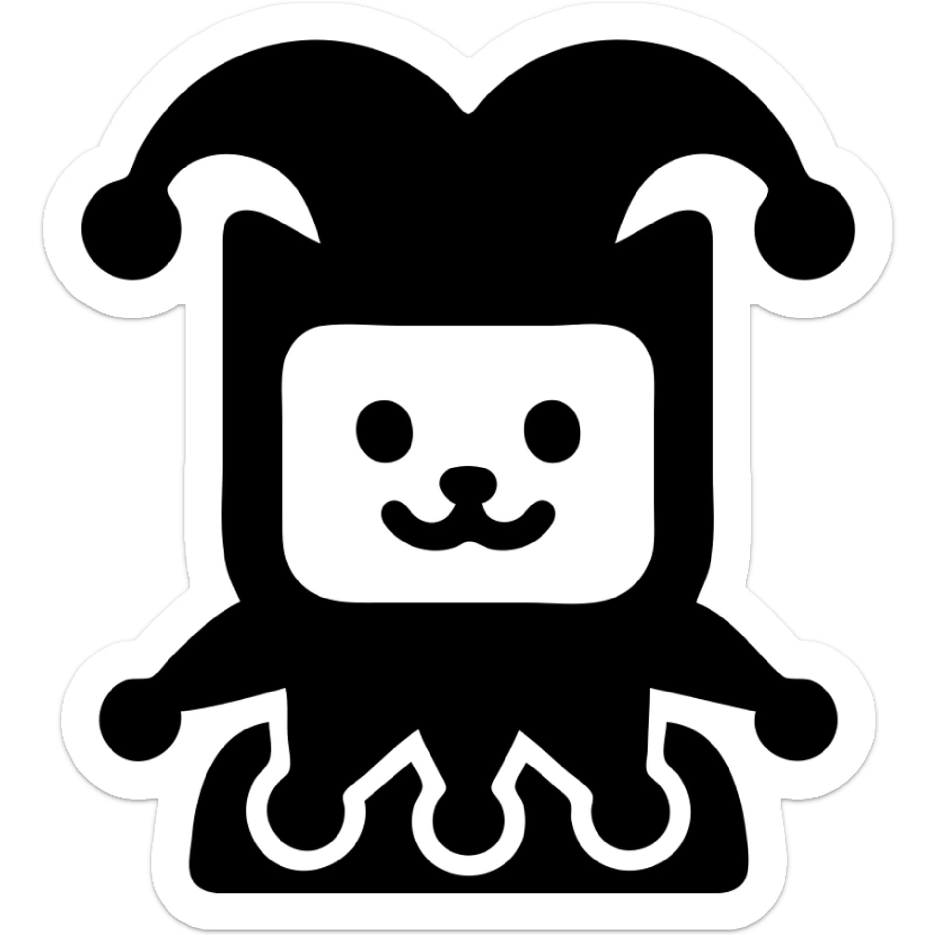 crazy cute little cat jolly joker from poker, medieval, vintage, court jester, mac os icon, purple, gold and red color, head + torso. Squared shape as 3D mac os icon, symmetrical sticker