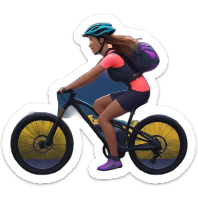 Illustrate a woman on an advanced bike with neon accents, biking on a scenic mountain trail at dusk sticker