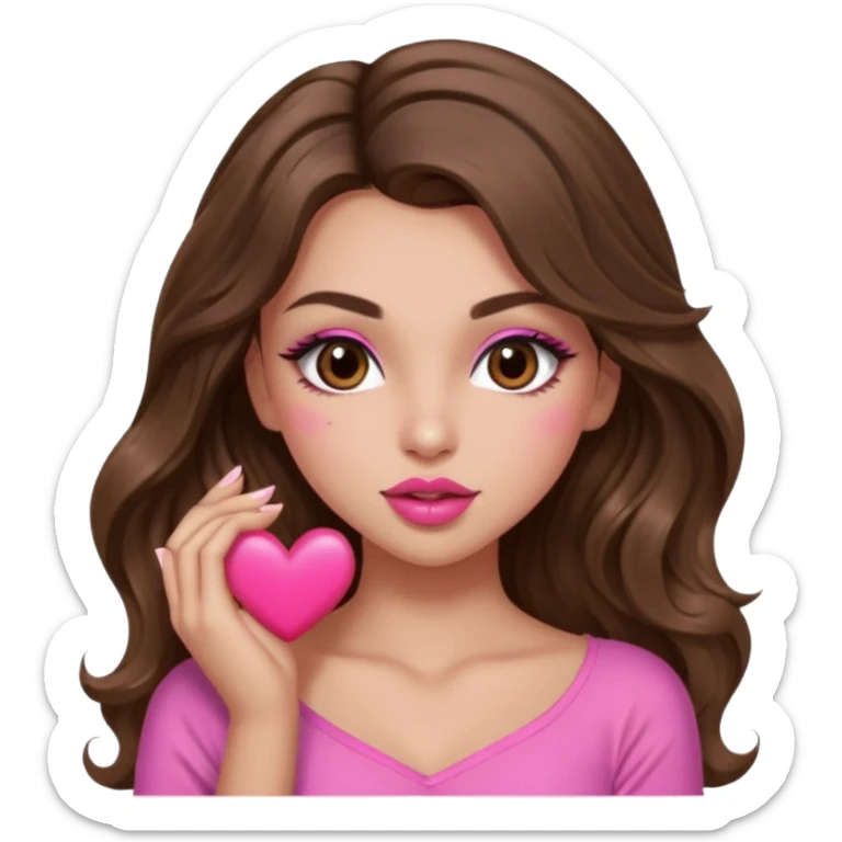 girl with long wavy brown hair, brown eyes, long lashes makeup, sexy pink lips, light to medium complexion, wearing a pink sexy top, sexy , puckering, blushing, kissing a heart sexy sticker