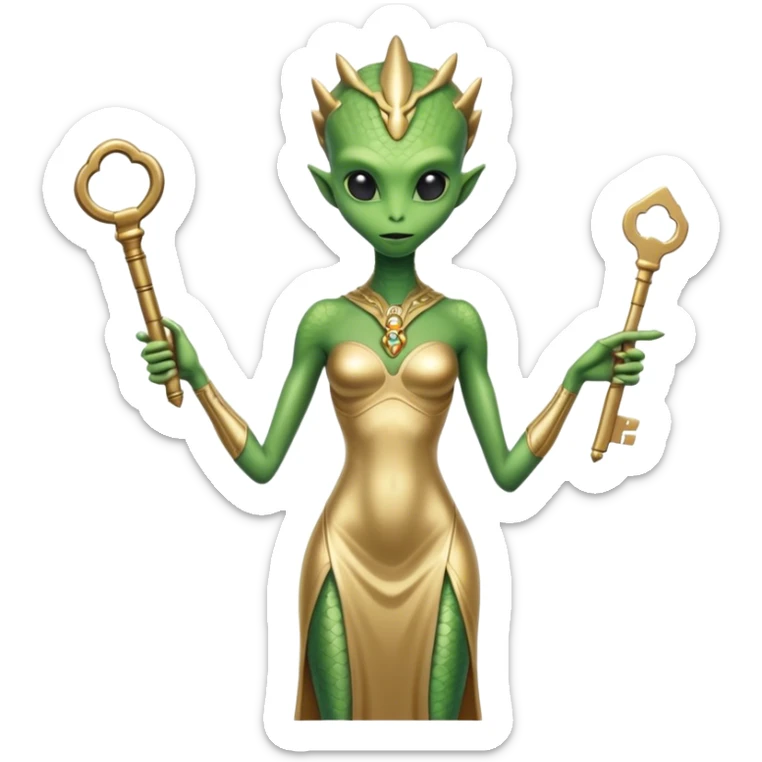 a reptilian alien woman full body, in gold dress, hold big key sticker