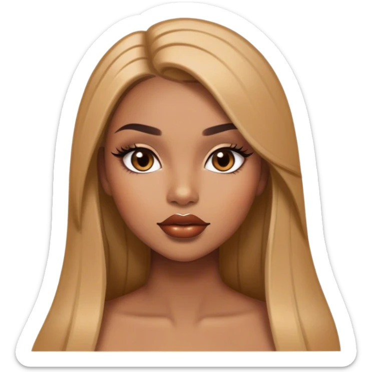 Glamourous, light brown skin tone, very beautiful girl, with big plump shiny lips, long long lashes, black straight smooth silky long hair, straight parting hair, brown eyes sticker