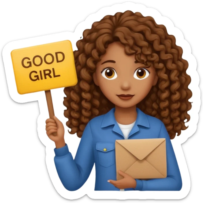 A girl with medium brown skin and long curly holding a sign saying good girl sticker
