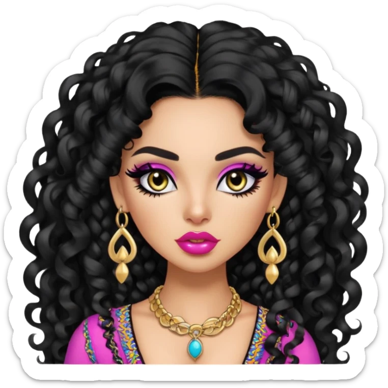 Colombian, pretty lips, colombian clothes, skin, long black curly hair, jewelry, pretty bratz baddie, black eyeliner sticker