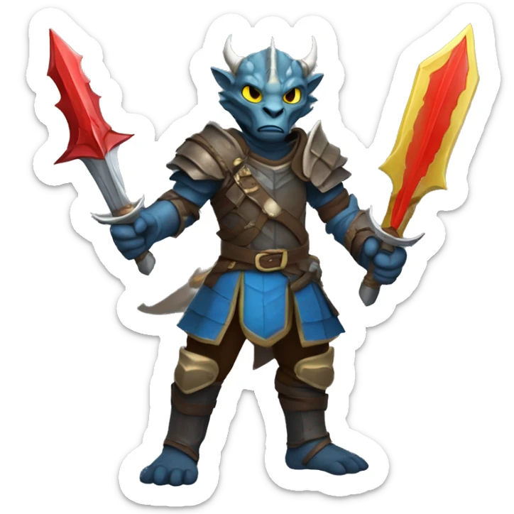 Dragonborn fighter with twin swords  with red blades and yellow Handels and blue scales  sticker