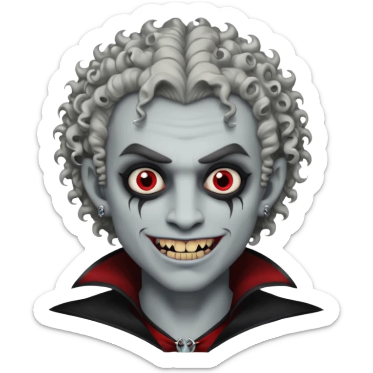 Vampire with grey skin, fanged teeth, piercings on eyebrow, two dermal piercings on cheek, and curly hair male sticker