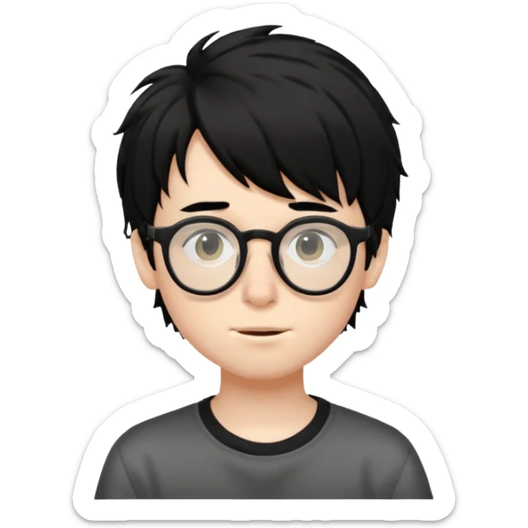 pale skin, black shaggy hair boy, big glasses that's tip on his nose and teenager  sticker