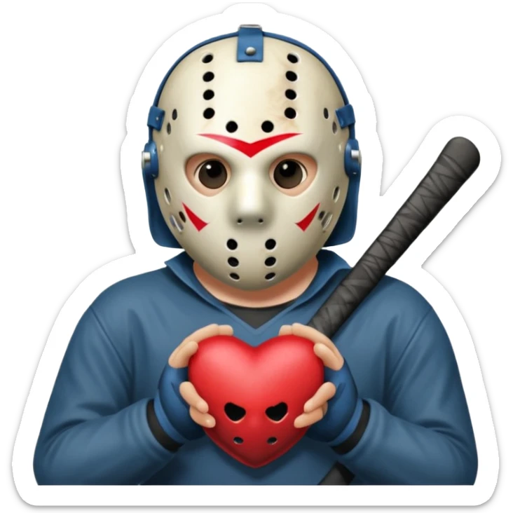 a cartoon image of Jason Voorhees, looking cute, with his hands clasped in front of him, at a sideways angle, looks like he is in love sticker