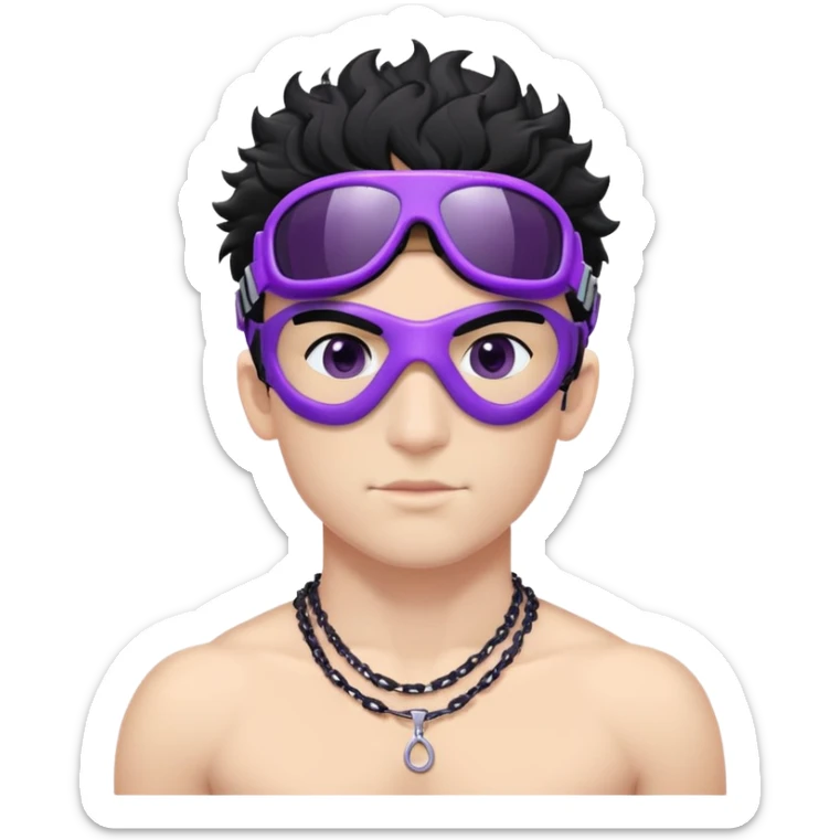 shirtless male athlete with white skin and moderately curly black hair on top with shaved sides, wearing purple ski goggles with black tinted lenses, and a simple plain black chain necklace, no earrings sticker