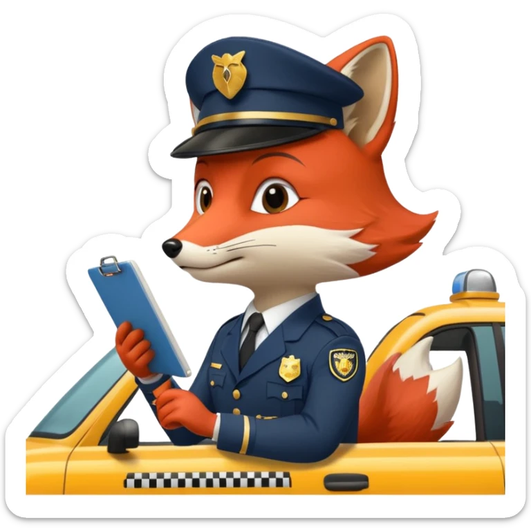 The Fox Is Actually Red Wearing A Officer Outfit Riding On The  Taxi Writing On The Clipboard sticker