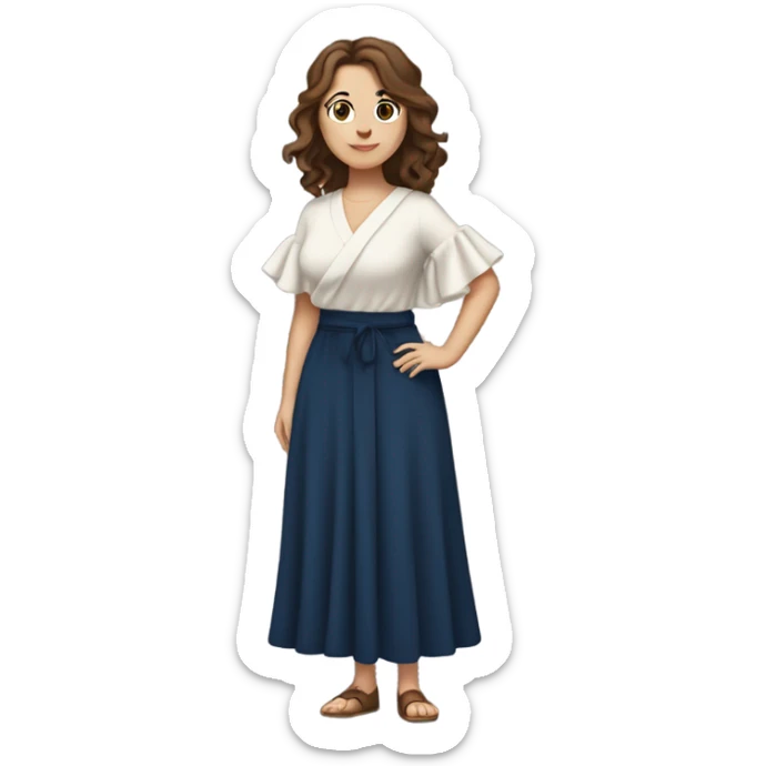 White girl with brown hair dark blue ruffle sleeve wrap dress full body hands on hips sticker
