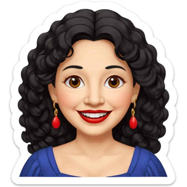 60 yr old Mexican woman, slightly chubby, wavy/curly long black hair, red lipstick, big smile, white teeth, brown eyes, hoop earings, side part to hair, round face, pretty white dress, hair side swept, big hoop earing sticker