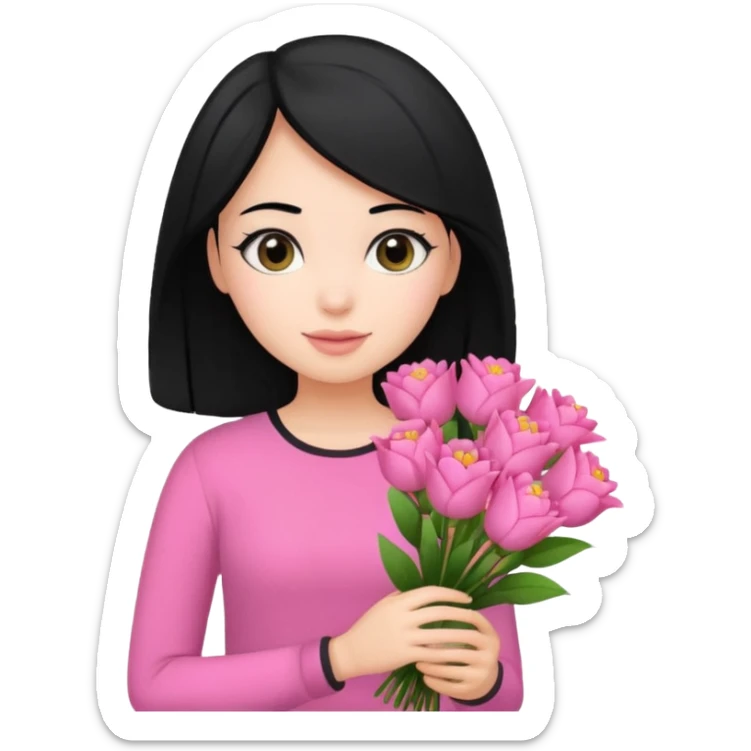 girl with black hair wearing pink top and pink bouquet  sticker