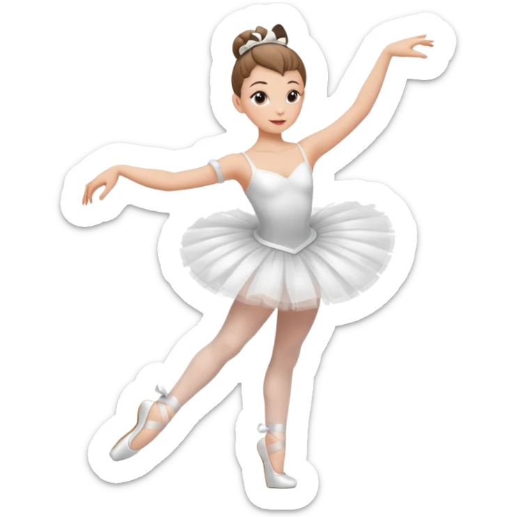 A ballerina dancing with point shoes and in a white tutu with a ribbon on her waist, she has a slick bun and a great posture sticker
