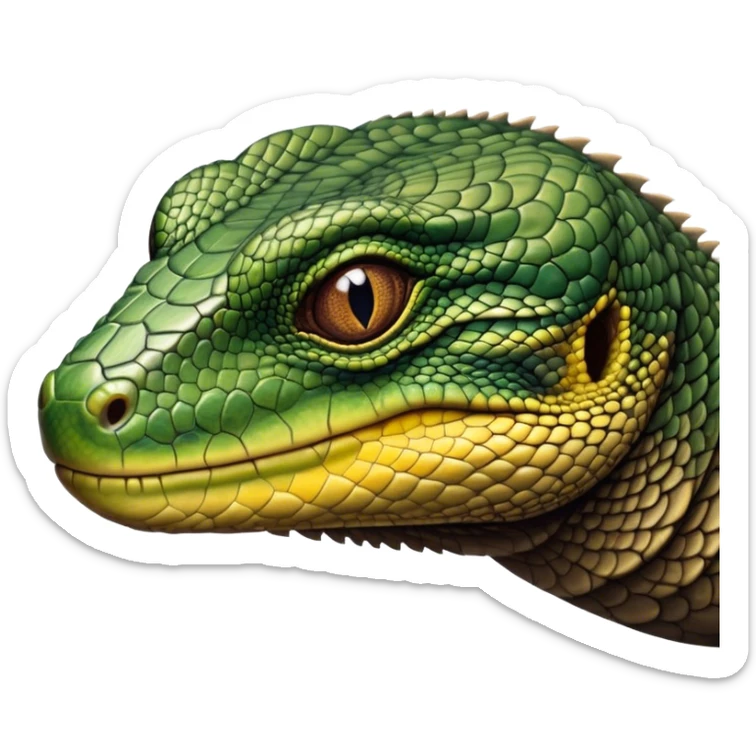 Cinematic Realistic Noble Monitor Lizard Portrait Emoji, Poised and imposing, with a robust, muscular build and a rugged, intricately scaled hide in natural olive and dark brown tones, a sharply defined head with intense, observant eyes, rendered with lifelike detail and authentic texture, high shine, intelligent and formidable, styled with an air of desert authority, focused and attentive, soft glowing outline, capturing the essence of a watchful and confident monitor lizard that appears ready to stride out of the screen with effortless power! sticker