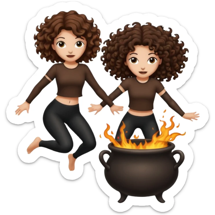 cauldron burst — long wavy brown hair tattooed woman and short tight curly brown hair woman — jumping back sticker