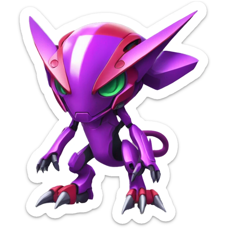 a shiny purple-red Genesect-Raptor-Fakémon—hybrid with a futuristic visor-helmet full body sticker