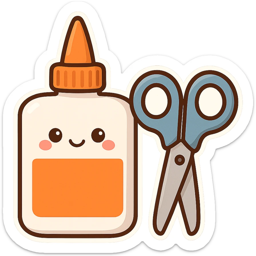 bottle of glue with orange label and tip and a pair of blue scissors, flat toon vector illustration sticker