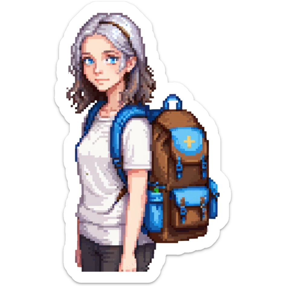 white woman park ranger with blue eyes, brown and gray hair, wearing a backpack sticker