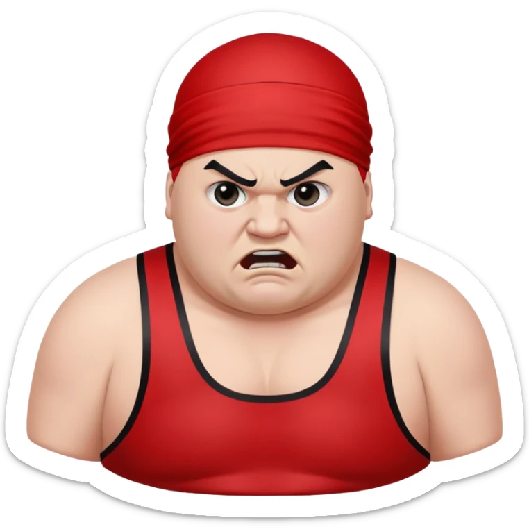 Close-up of white skin fat guy with prominent black durag, completely shaved face, no beard or mustache, black eyes in a red and black wrestling singlet with angry face sticker