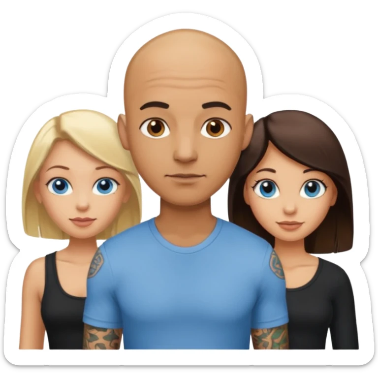 tattooed covered bbald brown eyed male with blonde haired blue eyed big boob female with brunette haired brown eyed big boob female throuple  sticker