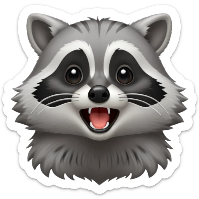 Cinematic-cute realistic- Yawning Raccoon-Portrait-Emoji – Poised and confident, wide-open yawn, revealing a soft grey with a sturdy build and a beautifully textured fur of silver-grey accented by dark black facial markings, deep-set, big black eyes, simplified yet sharp and sophisticated zoom out to show shoulders sticker