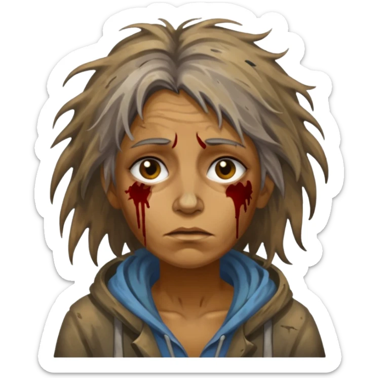 very dirty looking homeless woman very very dirty and smelly looking face only, not old with stains everywhere and messy hair and lots of stains on face ugly sticker