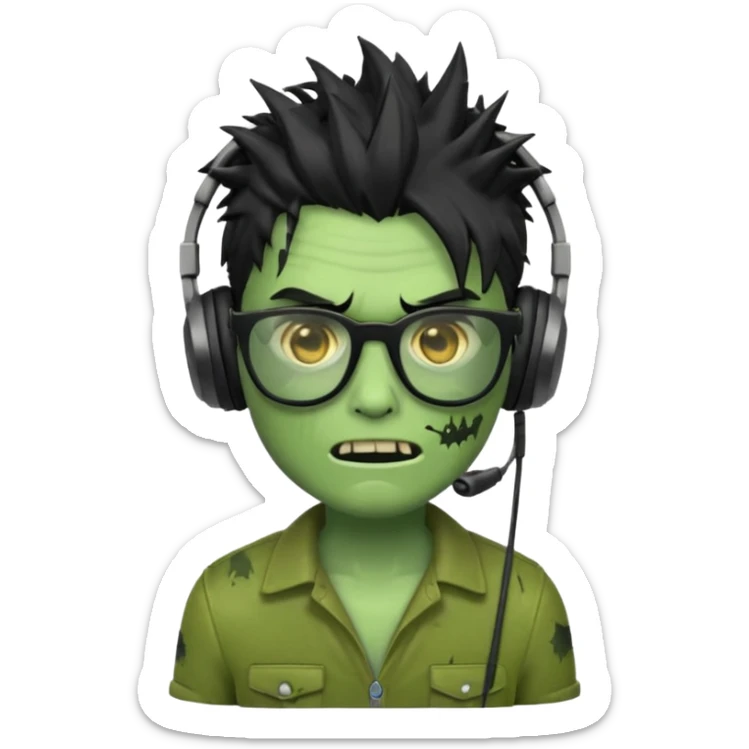 make a zombie iphone emoji with black  glasses, scratches black spiky hair and headphone, green skin
 sticker