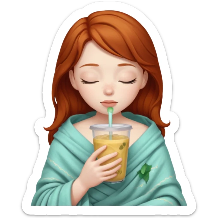 dark ginger haired girl with pale skin, wrapped in a blanket, sipping boba, eyes closed sticker