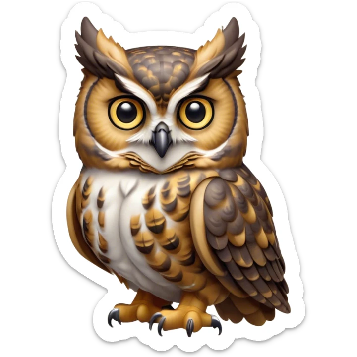 Cinematic Cute Great Horned Owl Portrait Emoji, Head tilted playfully and inquisitively, featuring a lush mottled Fur with intricate patterns of gray and white, round, sparkling golden eyes filled with curious wonder, Simplified yet irresistibly adorable features, highly detailed, glowing with a warm, friendly glow, high shine, affectionate and wise, stylized with a touch of nocturnal whimsy, bright and endearing, soft glowing outline, capturing the essence of a mischievous yet loving owl, so playful it feels like it could glide out of the screen and perch in your arms! sticker