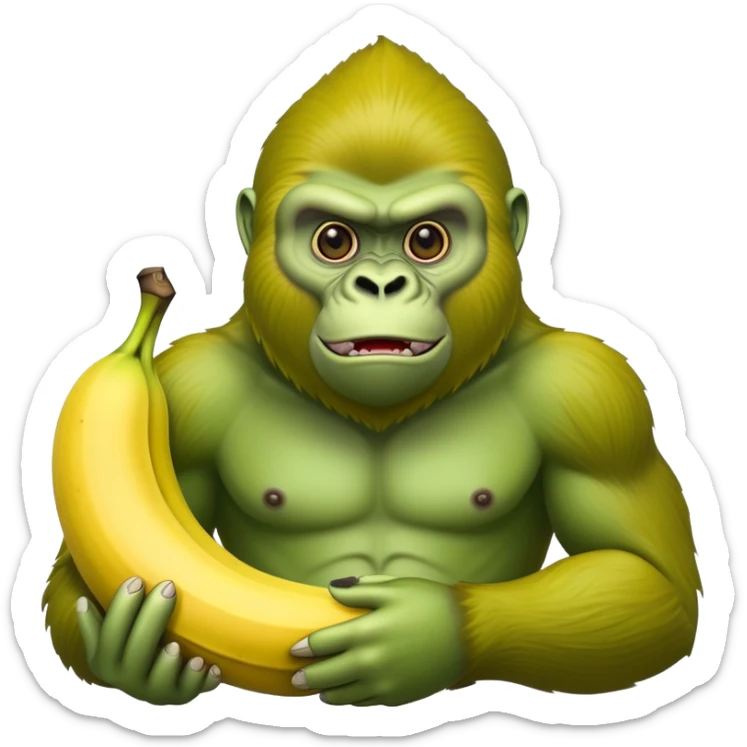 A ripe yellow banana with the head of a bright green gorilla with a fierce expression sticker