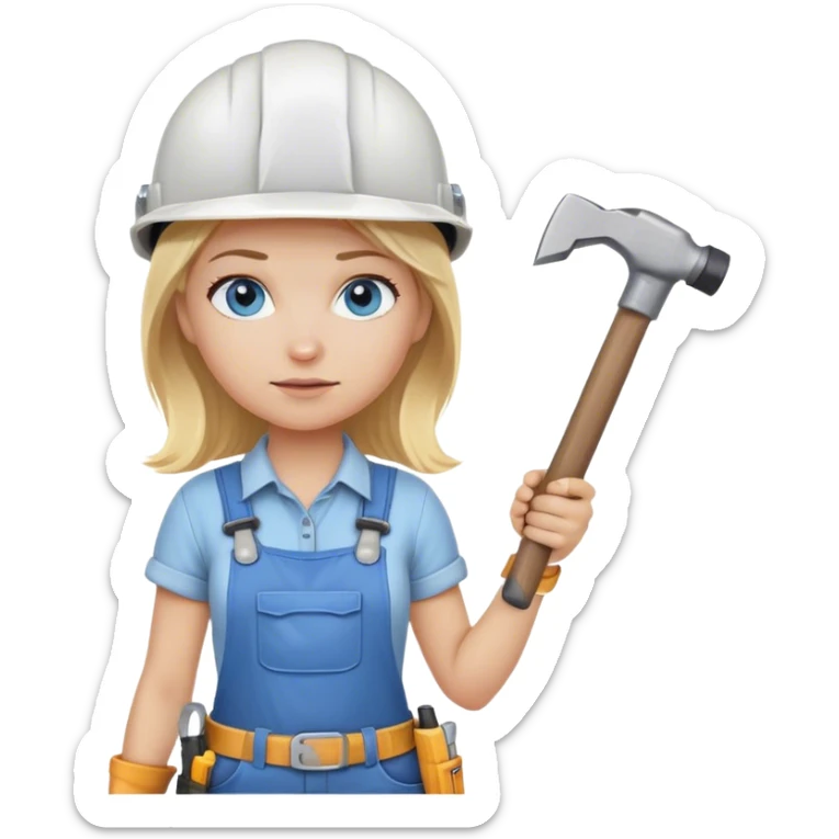 A blond girl blue eyes, habdyman Outfit, wearing a Helmet and a Hammer, Whole body, from Head to toe  sticker