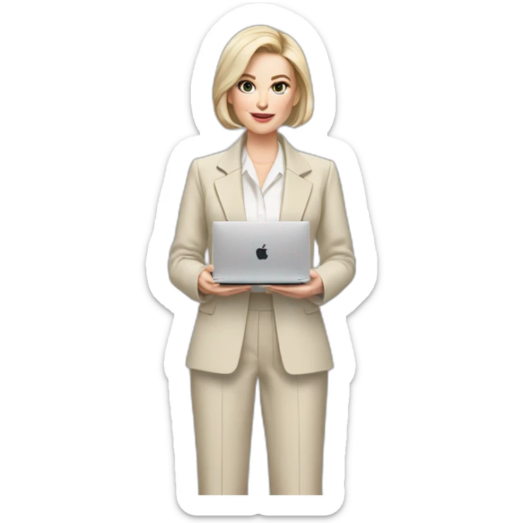 pale skin woman with ash blonde Straightened bob Hair, White Spacious classical jacket, beige palazzo Arrow pants and gray blouse holding a MacBook in the hands sticker
