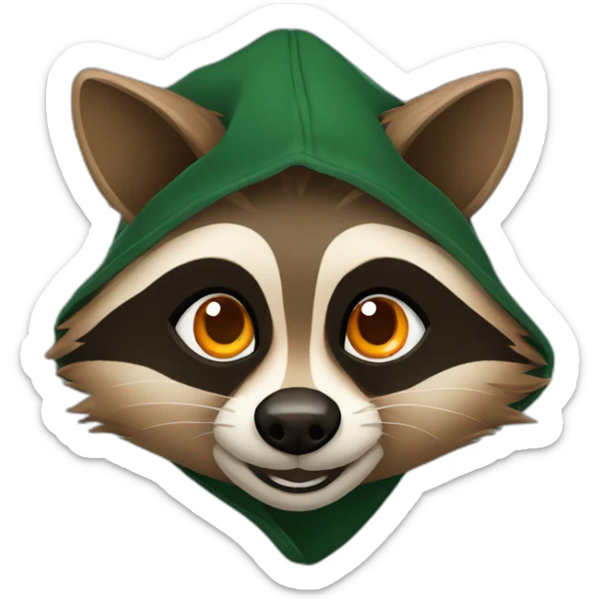 brown raccoon with orange eyes and a dark green hood that smile sticker