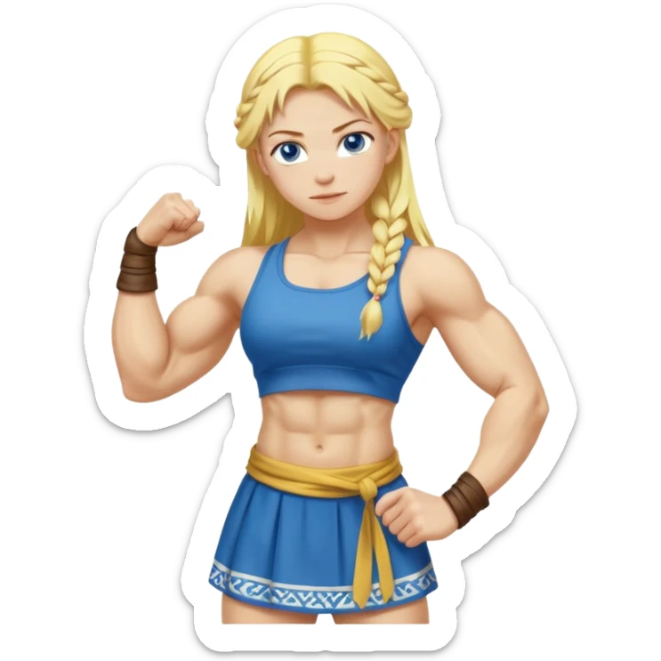 slavic girl, medium size yellow hair, flexing muscles, full body, muscled, with traditional slavic outfit, blue eyes sticker