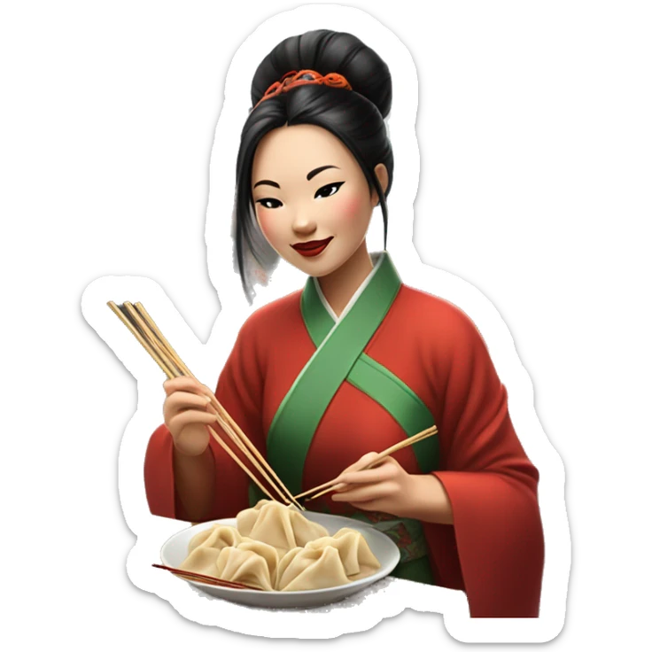 chinese woman eating dumplings in front of street market with extra long chopsticks and in traditional chinese dress sticker