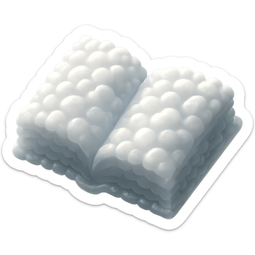 top view of a thick open book made entirely of small, very bright white fluffy convex clouds, matte glass style, no background sticker