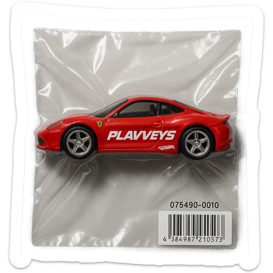 red Ferrari Hot Wheels car in packaging, 'PLAVLEYS' in italic racing font on the side, glossy and puffy vacuum-sealed style sticker